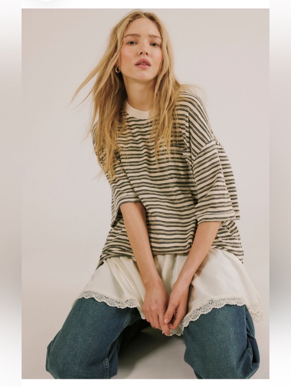 Free People NWOT All Love Striped Pocket Tee Size Small in Tea Combo